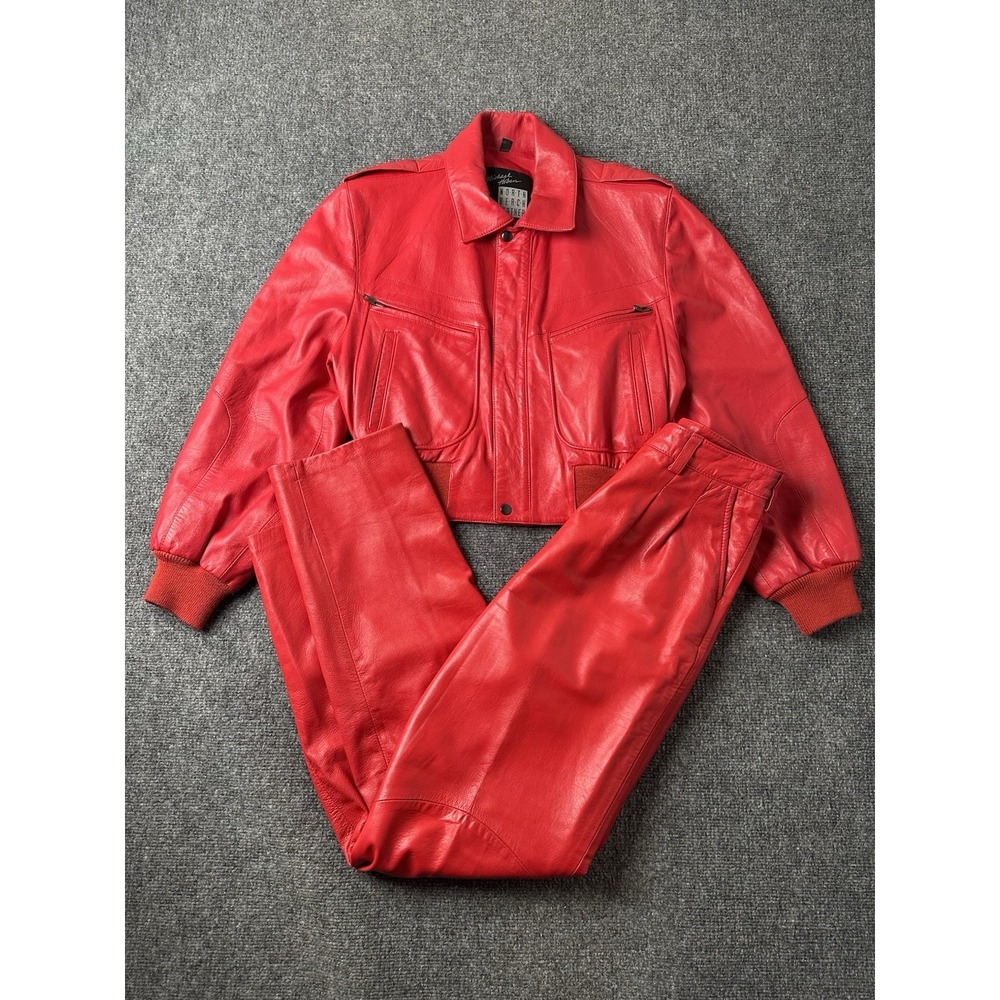 Womens Leather Michael Hoban North Beach Red Jacket Pants Set, Size US S (9/10)